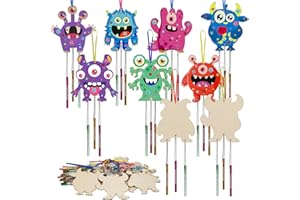 Fennoral 9 Pack Monster Wind Chime Kit for Kids Make Your Own Monster Wind Chimes Wooden Arts and Crafts for Girls Boys DIY Coloring for Art Activity Party Decoration Birthday Gifts
