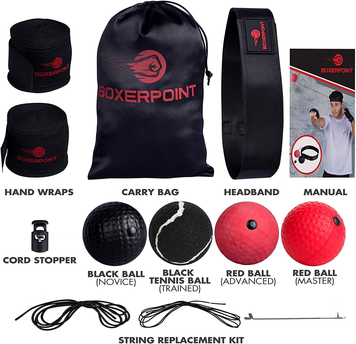 Boxing Reflex Ball for Adults and Kids - React Reflex Balls on String with Headband, Carry Bag and Hand Wraps - Improve Hand Eye Coordination, Punching Speed, Fight Reaction (4 Difficulty Level Balls) : Sports & Outdoors