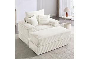 Neylory 42.5" Oversized Chair Chaise Lounge Indoor, Comfy Thicked Upholstered Recliner Cloud Chair with Ottoman, Reclining Chair Single Sofa Corduroy Sleeper Couch for Living Room, Beige