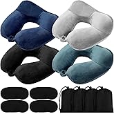 Sintuff 4 Sets Inflatable Travel Pillows for Airplanes with Compact Bag and Blindfold Velvet Inflatable Neck Pillow for Traveling Head Support U Shaped Flight, 12 x 12 x 5.5 Inch(Multi Color)