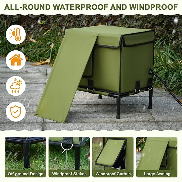 PALOPALO DEWPROOF HEATED CAT HOUSE FOR OUTDOOR WINTER, INSULATED DISCREET PET SHELTER WITH WATERPROOF HEATING PAD & ESCAPE DOOR FOR FERAL, STRAY, BARN KITTY CATS (ARMY GREEN, 16.5″X12.5″X17.7″)