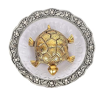 Angora Creation Oxidized Silver Plated Fengshui Tortoise, Turtle for Good Luck, Lucky Charm Tortoise, Longevity Showpiece Gifts (14 cm x 14 cm x 5 cm) (Gold & Silver)