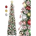 HMASYO 5 FT Pop Up Christmas Tree with Timer Lights and Decorations, Green Tinsel Christmas Tree with Candy and 24 Balls Ornament, Collapsible Pencil Tree Xmas Decoration for Home, Office, Party