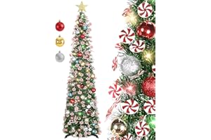 HMASYO 5 FT Pop Up Christmas Tree with Timer Lights and Decorations, Green Tinsel Christmas Tree with Candy and 24 Balls Ornament, Collapsible Pencil Tree Xmas Decoration for Home, Office, Party