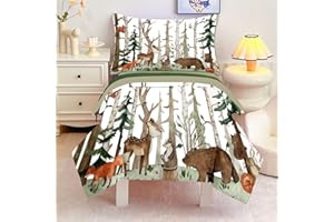 CKOU CCOO 4 Pieces Woodland Animal Toddler Bedding Set, Forest Deer Bear Fox Bed Comforter Set for Boys Girls, Cute Toddler Bed Set Includes Comforter, Flat Sheet, Fitted Sheet and Pillowcase