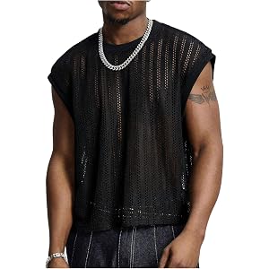GORGLITTER Men's Crochet Cropped Shirt Hollow Out Sleeveless Vest Crew Neck Knit Tank Top Summer Beach T Shirts