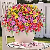 Artificial Faux Plants Flowers Outdoor Decoration,16 Bundles Fake Silk Colorful Daisy Eucalyptus Realistic UV Resistant for Outside Home Planter Porch Patio Yard Decor (Mix Purple Pink Yellow Red)