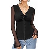 MANGOPOP Womens Long Sleeve Button Down Shirts Slim Fit V Neck Trumpet Sleeve Blouses Ruched Mesh Tops Trendy Outfits