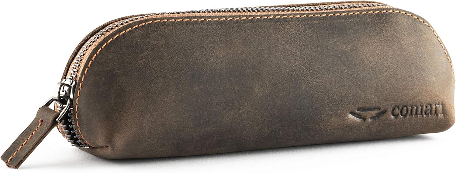 comari Premium Etui - Real Leather Pencil Case - Long Metal Zip - Free Keychain - Handmade Pen Pouch Genuine Leather (Vintage Brown)