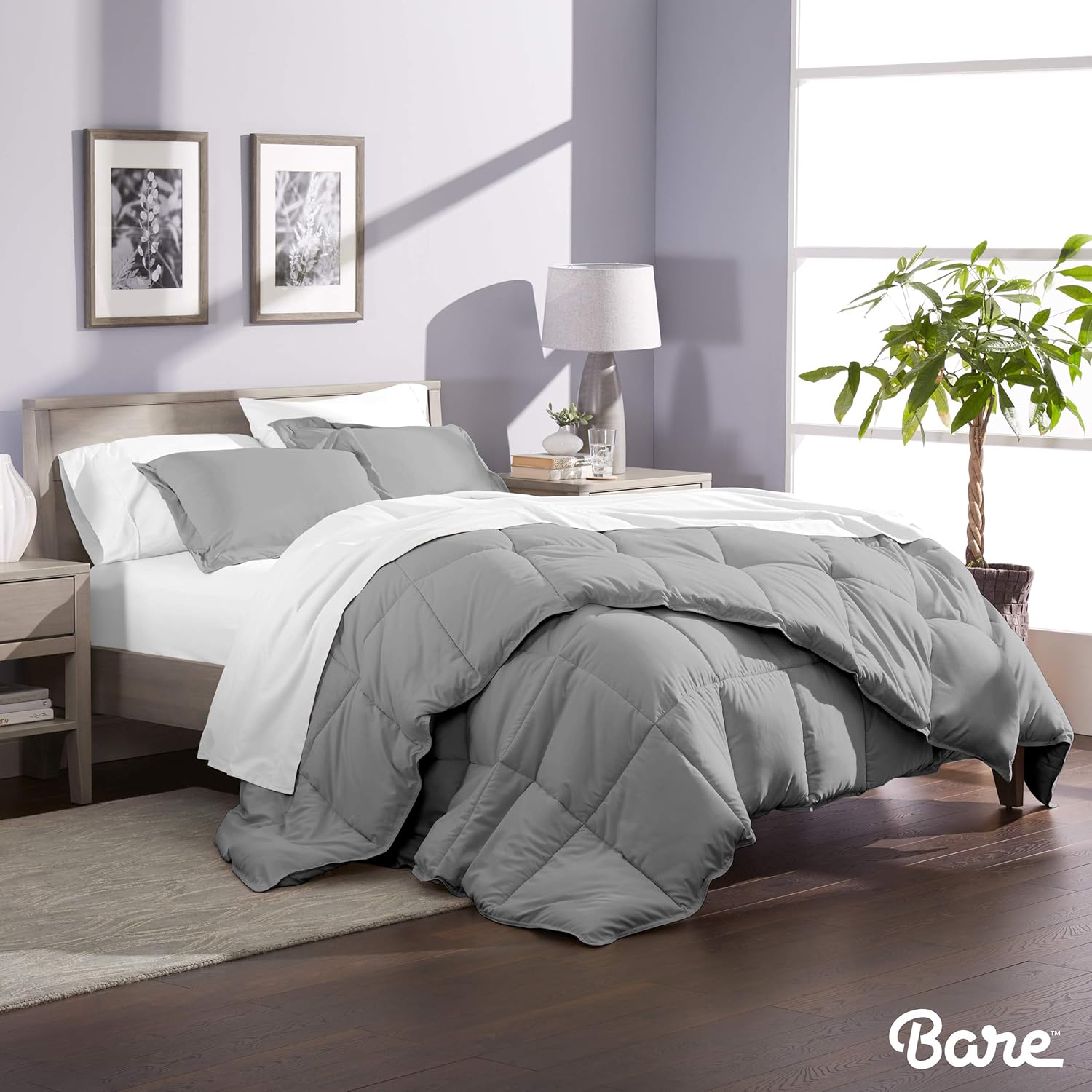 Bare Home Comforter Set - Queen Size - Goose Down Alternative - Ultra-Soft - Premium 1800 Series - Hypoallergenic - All Season Breathable Warmth (Queen, Light Grey): Home & Kitchen