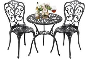 NUU GARDEN 3 Piece Outdoor Bistro Table Set, All Weather Cast Aluminum Patio Bistro Sets Patio Table and Chairs Set of 2 with Umbrella Hole for Yard, Garden, Balcony, Black