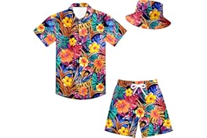UNICOMIDEA Boys Hawaiian Outfits Summer Button Down Shirt and Short with Bucket Hat 5-12 Years 3 Piece Sets for Kids