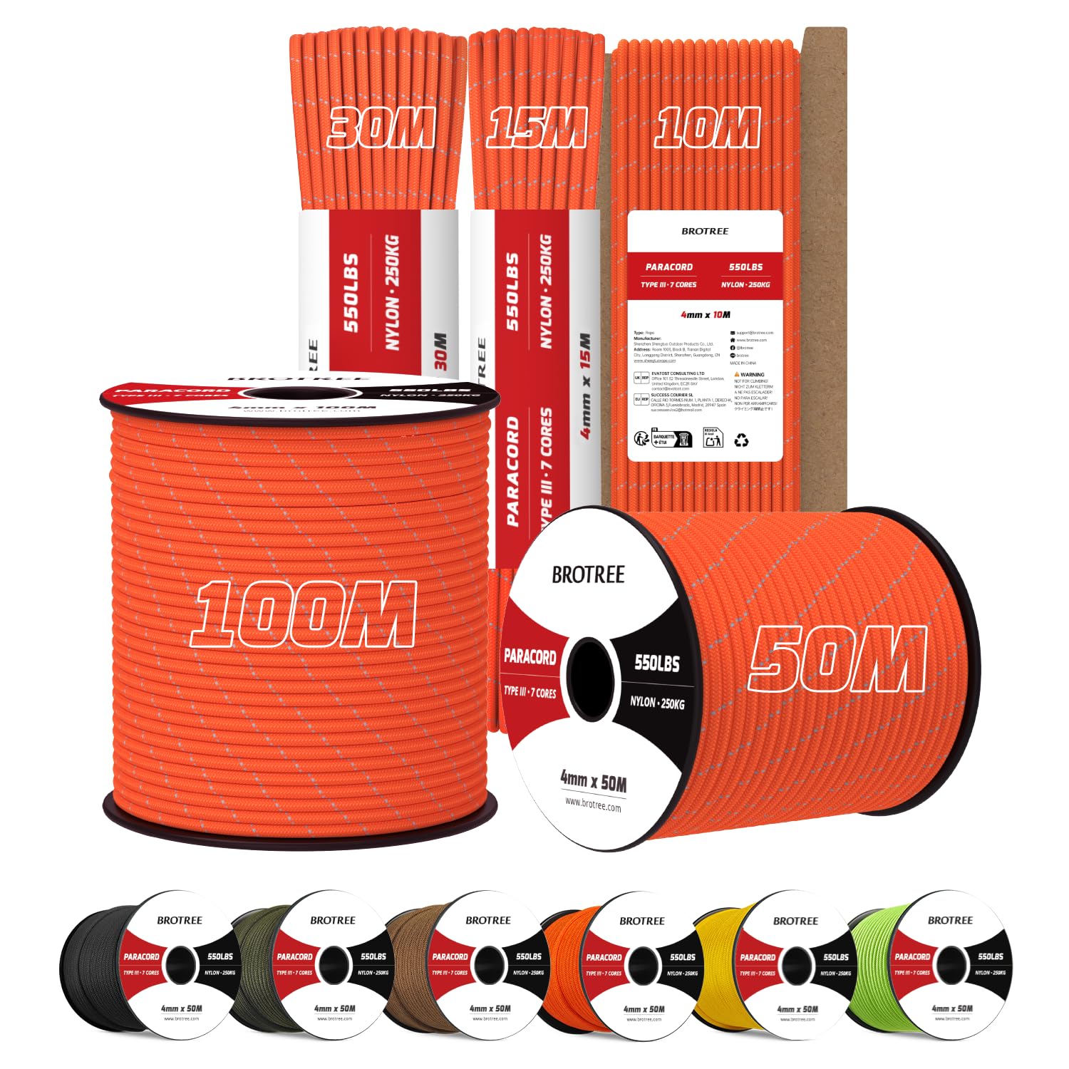 Brotree 4mm Paracord 550 50M 100% Nylon Rope 7 Strands Type III Parachute Cord for Outdoor and DIY - 250kg Breaking Load (Reflective Orange)