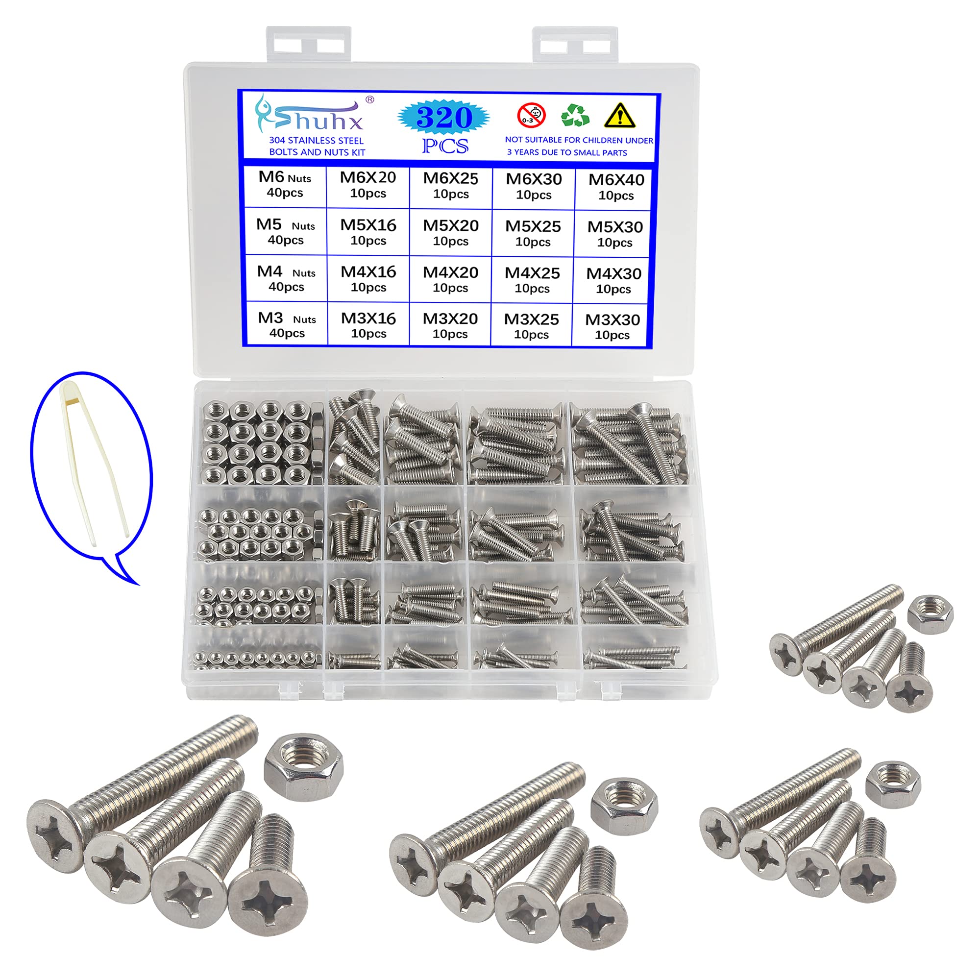 Rshuhx M3 M4 M5 M6 Cross Countersunk 304 Stainless Steel Machine Screws Bolts and Nuts Flat Head Phillips Screw Fastener Repair Tools Assortment Kit 320PCS for Baby Crib Headboards Chairs Furniture