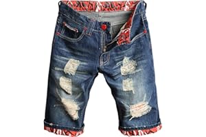 HENGAO Men's Ripped Jean Short Distressed Straight Fit Denim Shorts