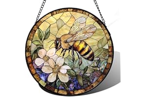 AMDERVEN Stained Glass Window Hanging, Vintage Bee Yellow Flower Sun Catcher for Window Door Home Decor Suncatcher Christmas Mother's Day Birthday Gifts for Women Men Mom and Nana 7.8 in