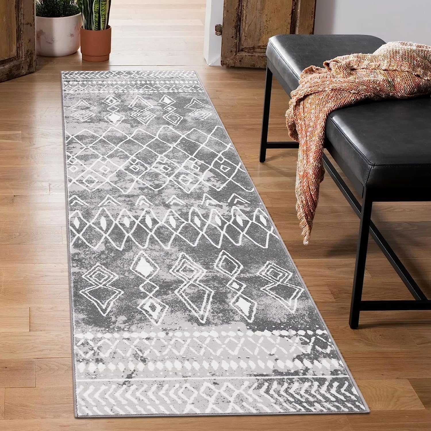 Carvapet Hallway Runner Rug 60x210cm Non Slip Long Kitchen Mat Washable Area Rug Soft Microfiber Geometric Floor Carpet Runner(Grey)