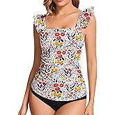 WOWENY Tankini Tops for Women No Bottom Bathing Suits Tummy Control Square Neck Ruffle Modest Swimsuit Top Only