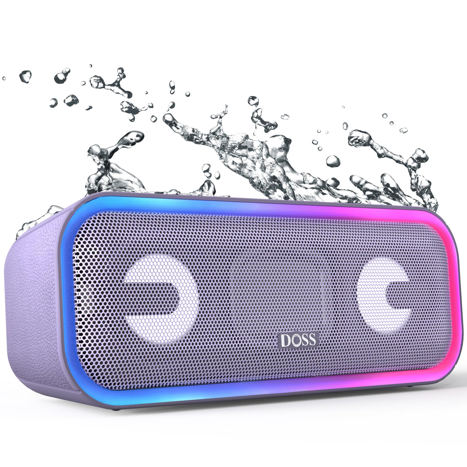 DOSS SoundBox Pro Bluetooth Speaker, 20W Stereo Sound, Active Extra Bass, 20H Playtime, Multi-Colors Lights, Wireless Stereo Pairing, IPX6 Waterproof for Garden, Hiking, Camping -Purple