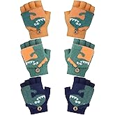 Bencailor 3 Pair Convertible Mittens Kids Knitted Warm Fingerless Gloves Toddler Cartoon Gloves with Mitten Cover for Boy Girl (Dark Green, Navy, Orange, Dinosaur)