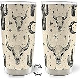 MOTERMATE Western Cow Skull 20oz Travel Coffee Mug Tumbler, Western Gifts for Women Coworker Him, Cowgirl Gifts, Desert Water Stainless Steel Tumbler with Lid and Straw
