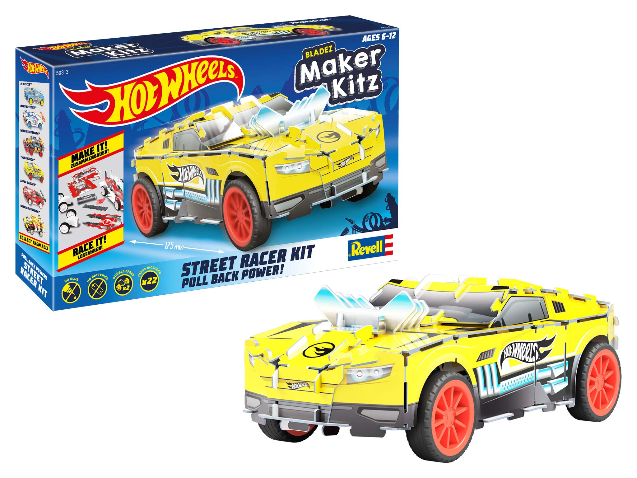 Revell 50313 Twinduction Toy Car 1:32 with Jump Tail Hot Wheels Maker Kitz Assembly and Ride with Pullback Motor (Pull Back), Yellow