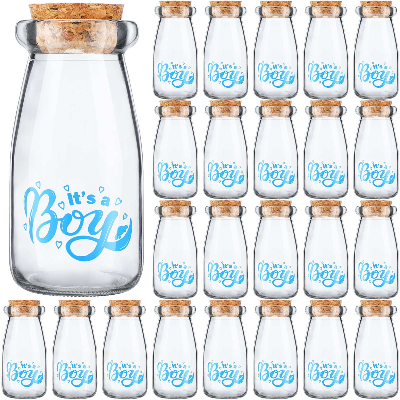 Photo 1 of 24 Pieces It's a Boy Baby Shower Party Favors Vintage Milk Favor Jars DIY Glass Milk Jars Bottles Blue Mini It's a Boy Sports Baby Shower Bottles with Cork for Guests Gender Reveal Centerpiece Decor