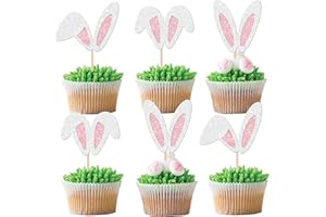 YCTHUNFISH 24 Pack Bunny Ears Cupcake Toppers Glitter Easter Rabbit Happy Birthday Cupcake Picks Happy Easter Baby Shower Birthday Bunny Easter Cupake Decorations Party Supplies