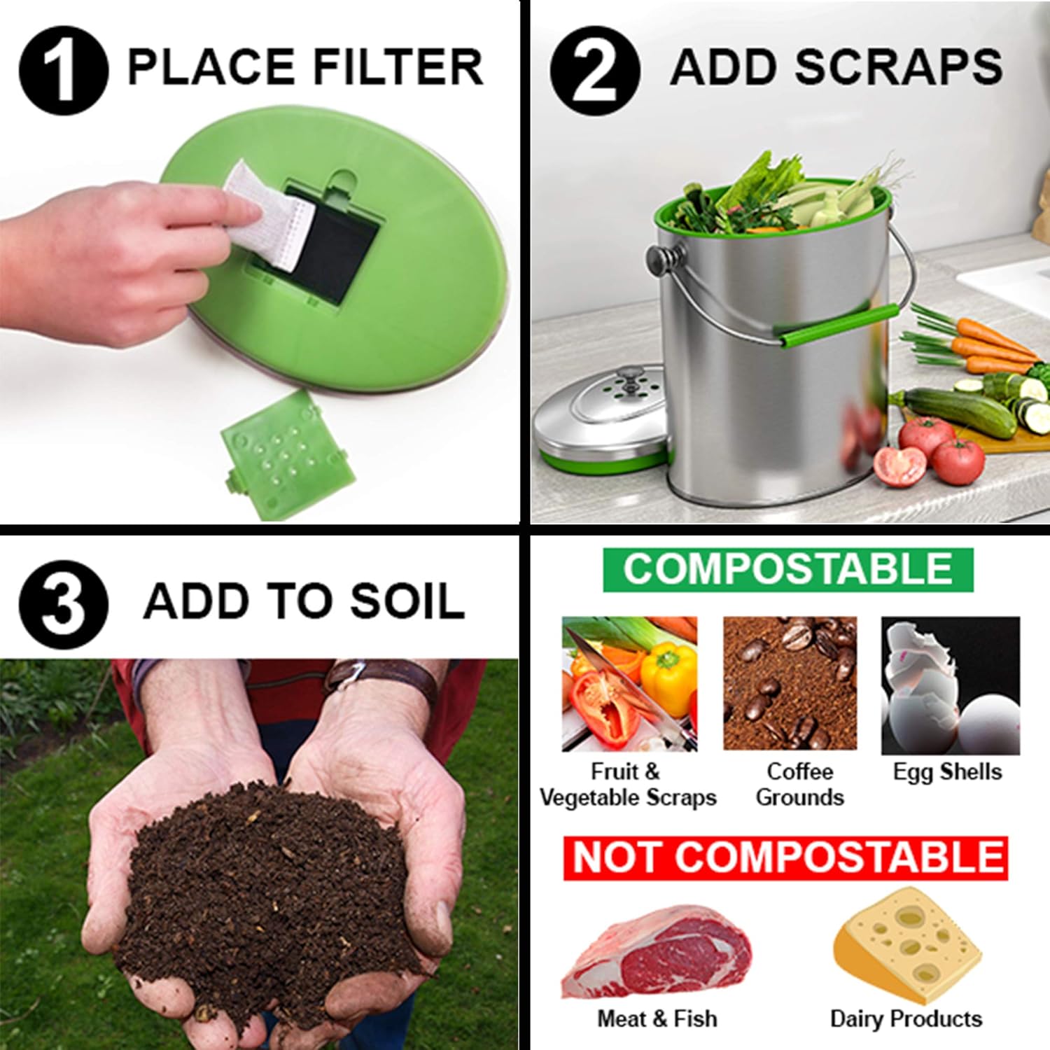 iTouchless Titanium 1.6 Gallon / 6 Liter Stainless Steel Compost Bin with AbsorbX Odor Filter System, Pest-Proof, Rust-Free Oval Shape Space Saving Kitchen Countertop Trash Can: Home & Kitchen