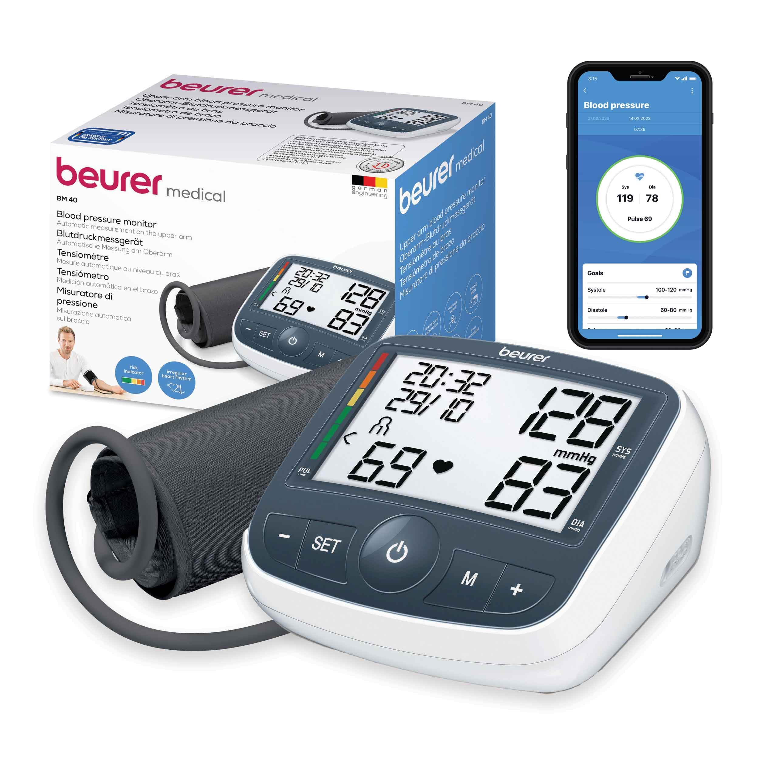 Beurer BM-40 – Blood Pressure Monitor with Adapter, Who, Indicator Module 2 x 60 Measurements, Grey and White