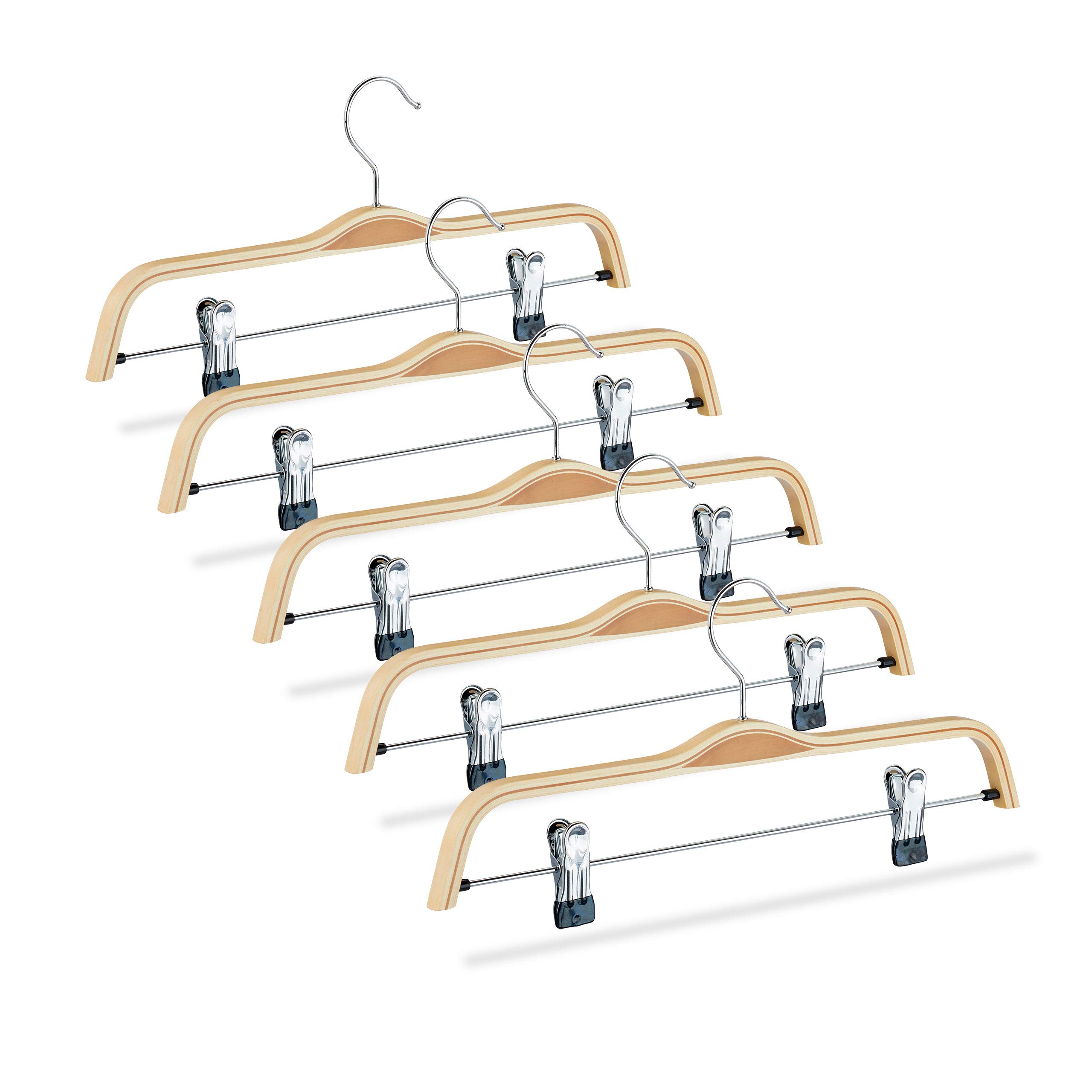 Relaxdays Wooden Pants Hangers Set of 5, Adjustable Coated Clamps, 360° Swivel Hooks, 37 cm Wide, Natural