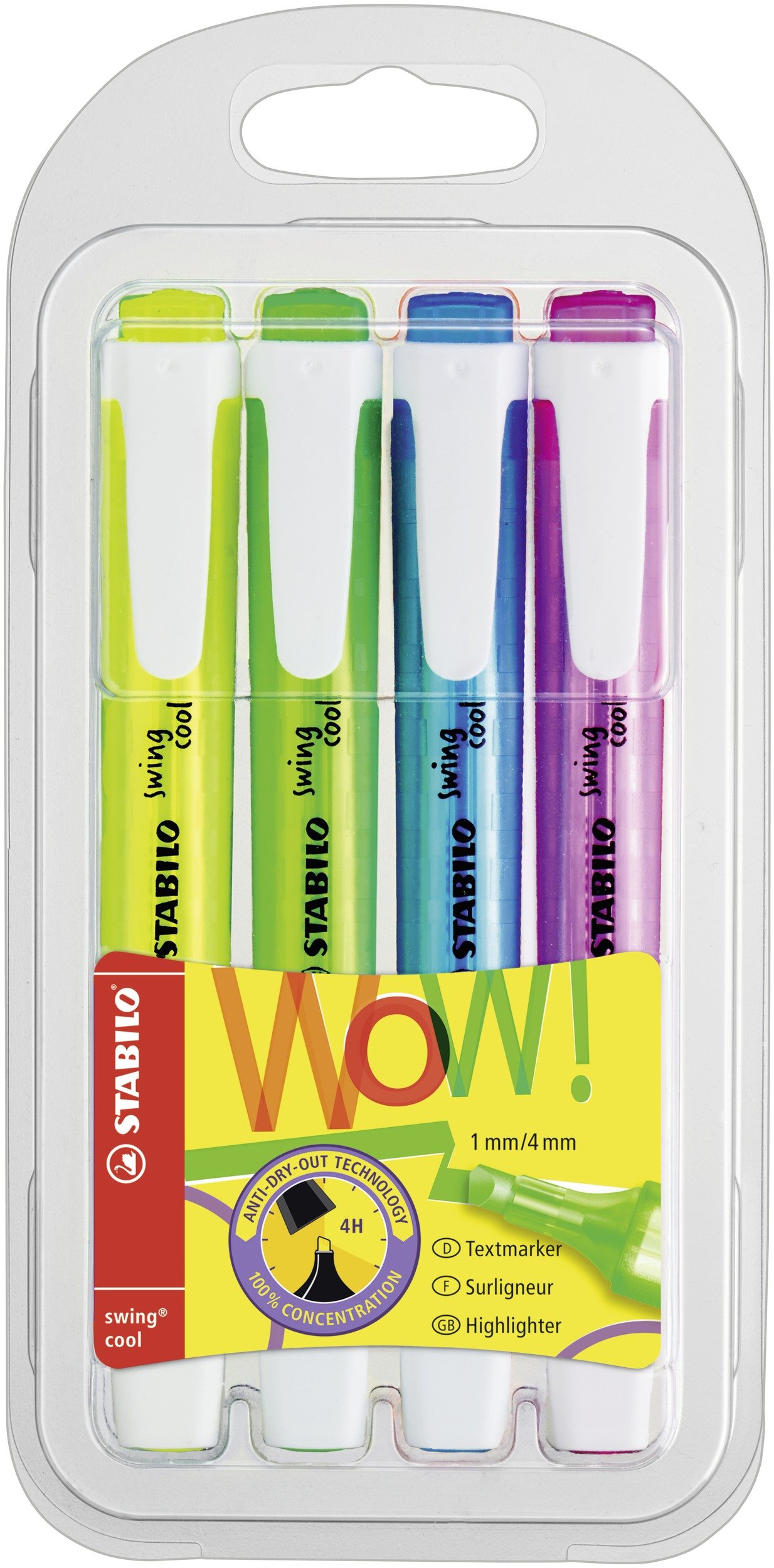 STABILO swing cool - Highlighter - Pack of 4 - Yellow, Green, Blue, Pink — image 1