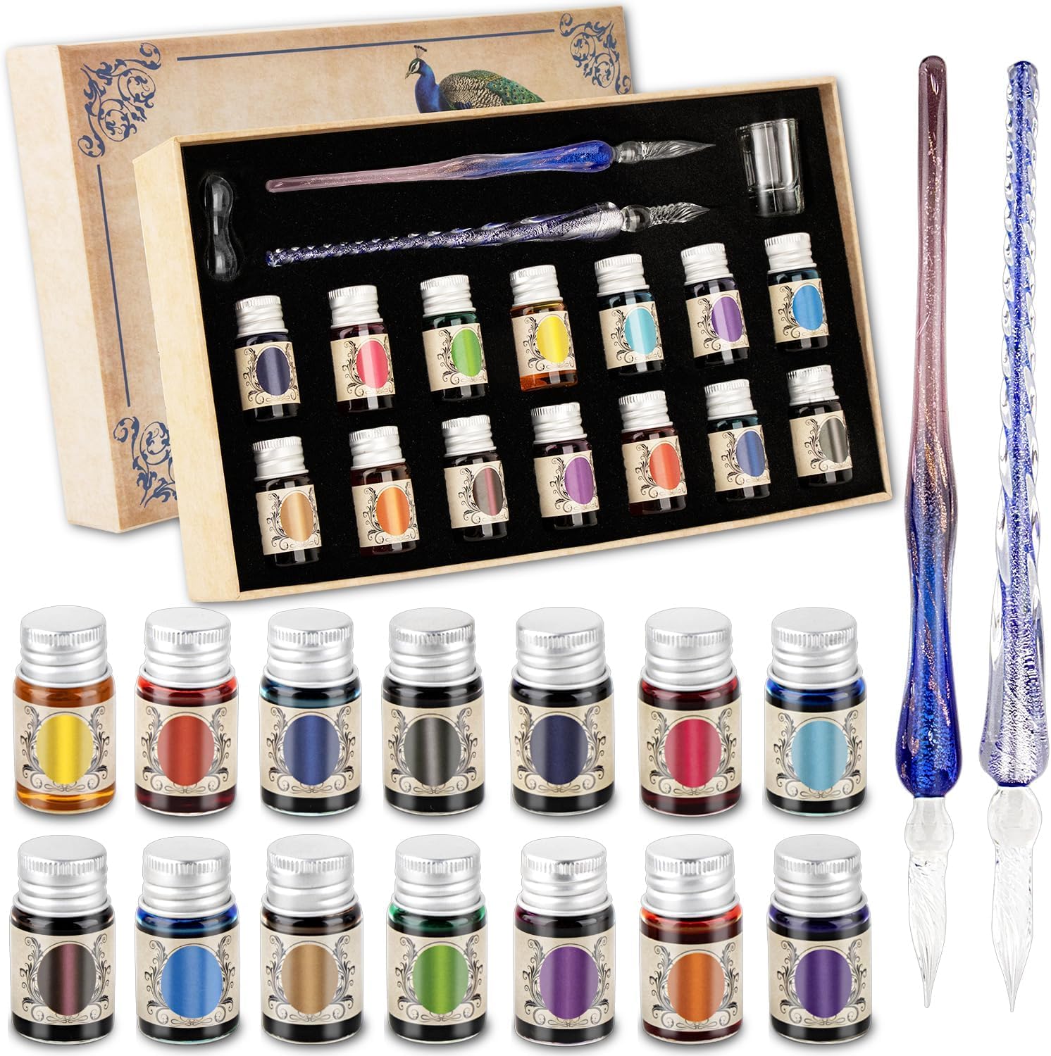 Calligraphy Pens Glass Dip Pen with 14 Color Inks,Calligraphy Kits for Beginners,18-Pieces Glass Pen and Ink Set,Calligraphy Pens for Writing,Dip Pens for Signing,Drawing,Calligraphy Gift Set
