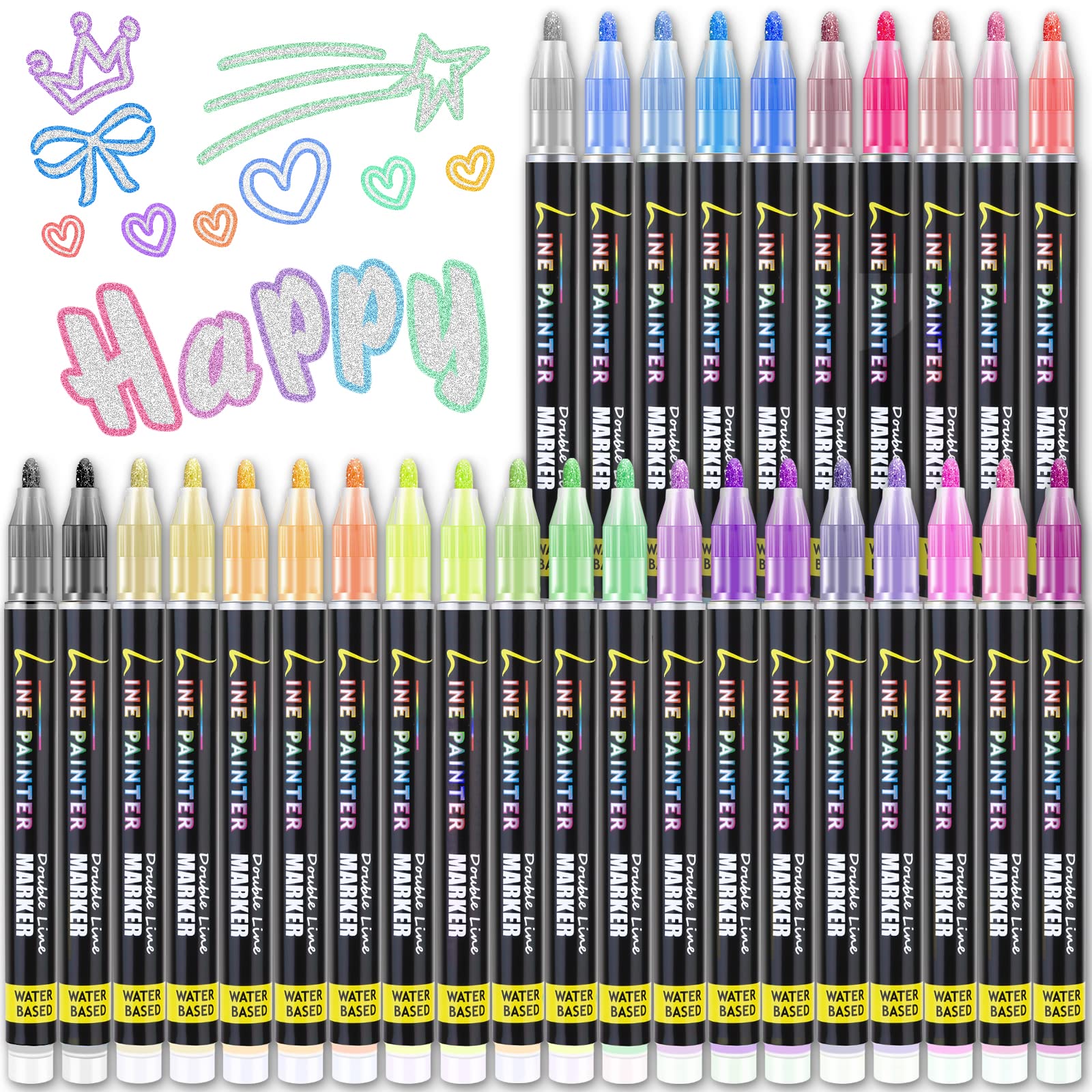 Photo 1 of 30 Colors Outline Marker Pen, 30 Pcs Double Line Metallic Marker Pens Set Paint Markers Pens Gift Card Writing Drawing Pens for Card Writing, Birthday Greet Card, Scrapbooking, Painting, DIY Art Crafts.