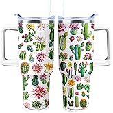 PERRIFIC Cactus Mug 40 oz Tumbler with Handle and Straw Lid Leak Proof - Cactus Coffee Travel Mug with Handle Insulated for Hot and Cold Drink Ice - Christmas Birthday Gifts for Women Lovers Cup