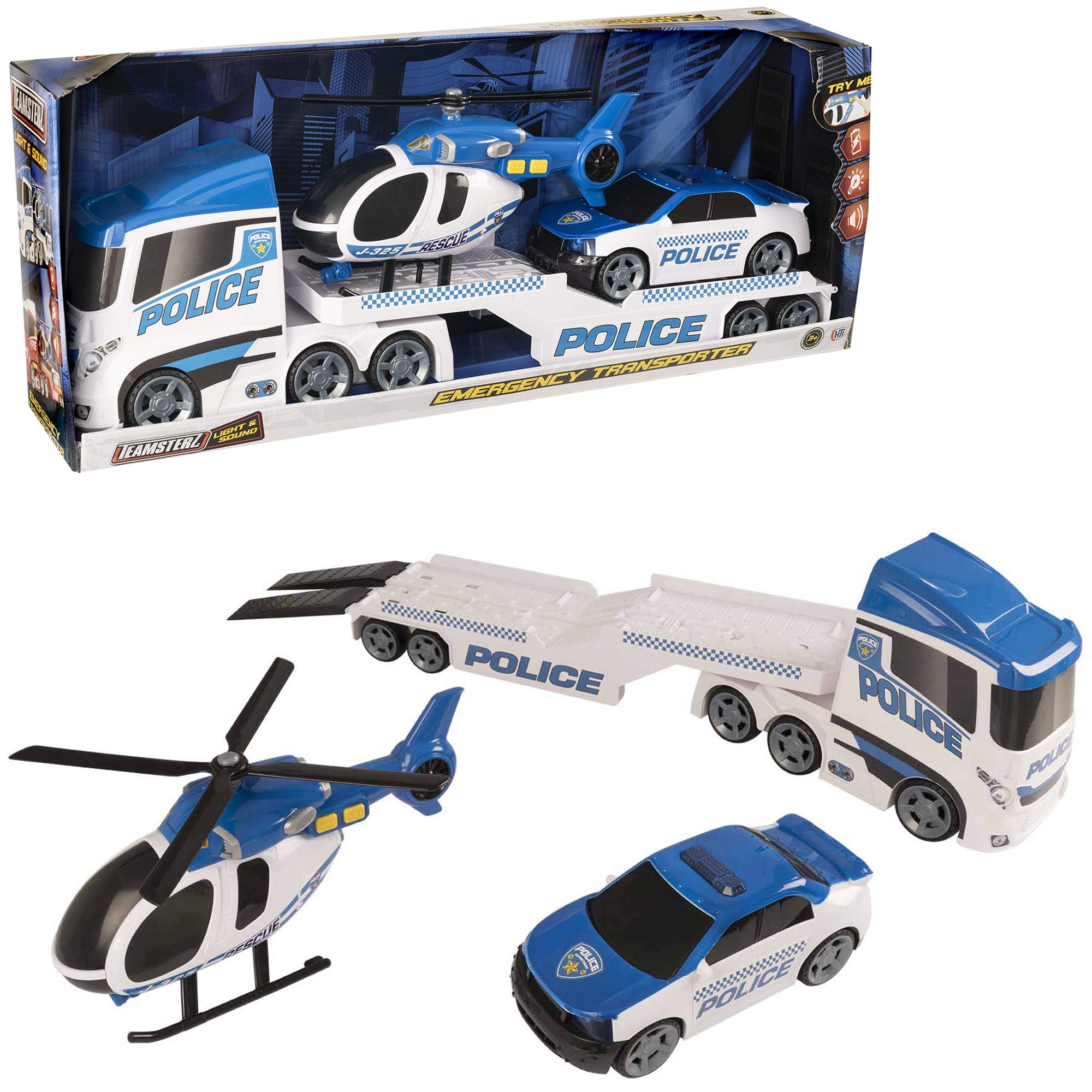 Teamsterz Mighty Machines Large Police Helicopter Transporter | Light & Sound | Kids' Play Figures & Vehicles Toy Car Set For Ages 3+