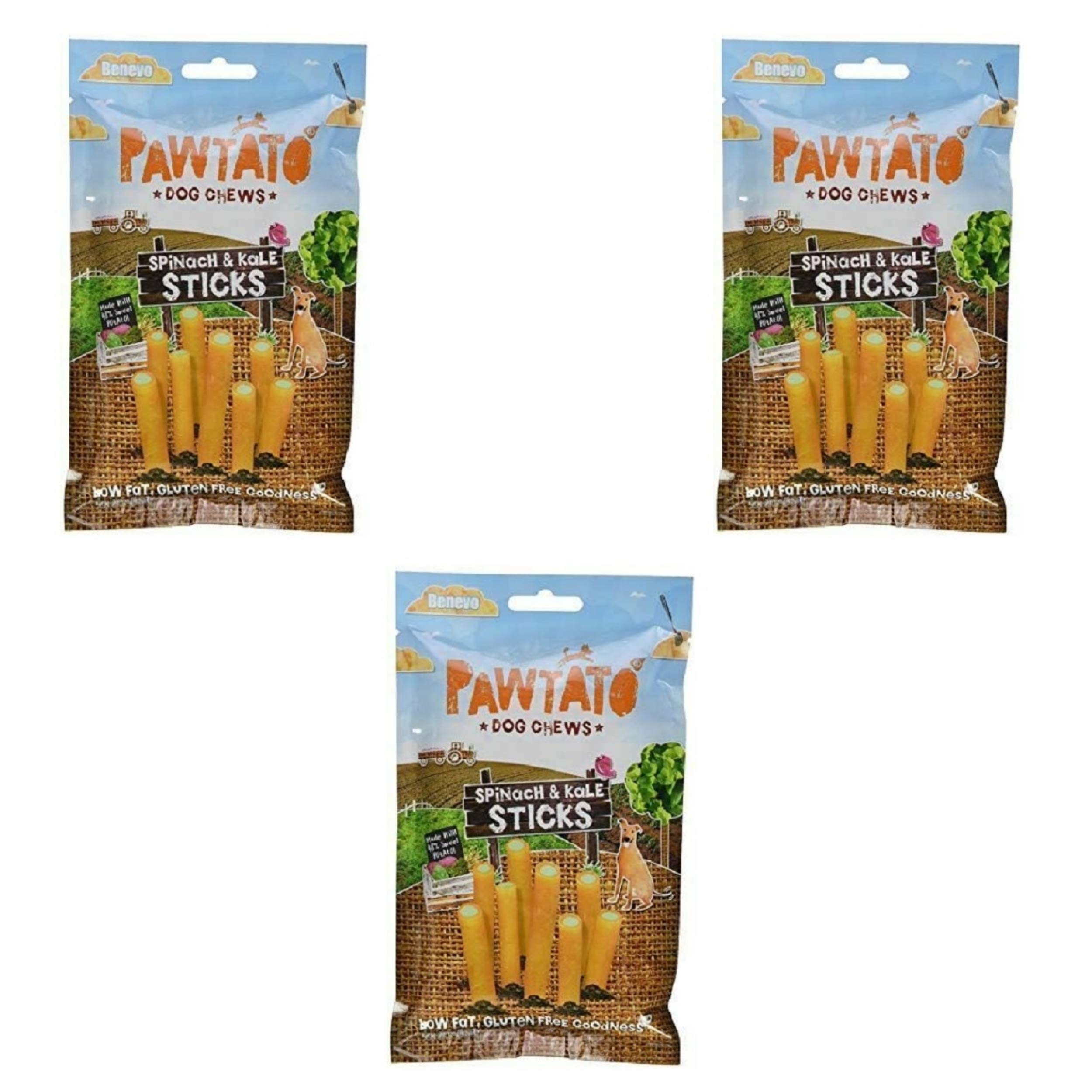 Benevo Pawtato Spinach & Kale Sticks Sweet Potato & Rice Dog Chews, 120g - 3 Pack