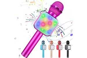 KIDWILL Wireless Bluetooth Karaoke Microphone for Kids, 5-in-1 Portable Handheld Karaoke Mic Speaker Player Recorder with LED Lights for Kids Girls Boys Teens Birthday (1818-Hot Pink)
