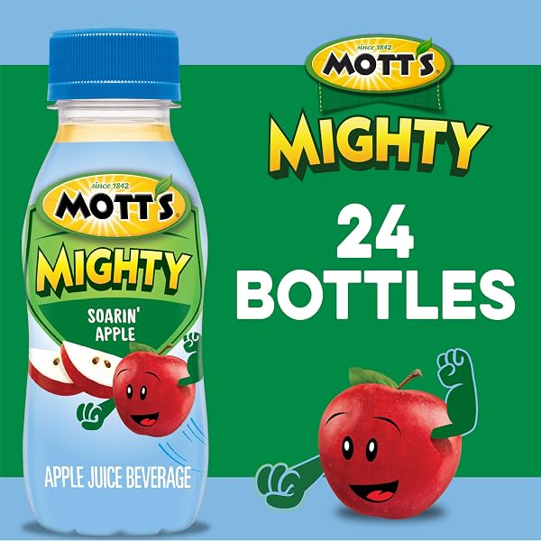 MOTT’S MIGHTY SOARIN’ APPLE JUICE DRINK, 8 FL OZ BOTTLES, 24 COUNT (4 PACKS OF 6), 100% FRUIT JUICE COMBINED WITH PURIFIED WATER, NATURAL FLAVORS, AND VITAMINS A, C AND E