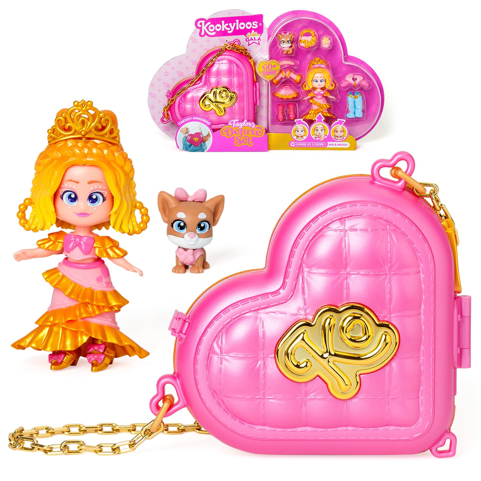 KOOKYLOOS Golden Gala Series TAYLOR'S DELUXE SET, Collectable doll from the Golden Gala series. Contains 1 doll, 3 sets of clothes, 2 pairs of shoes, 1 pet and accessories. Includes 1 handbag