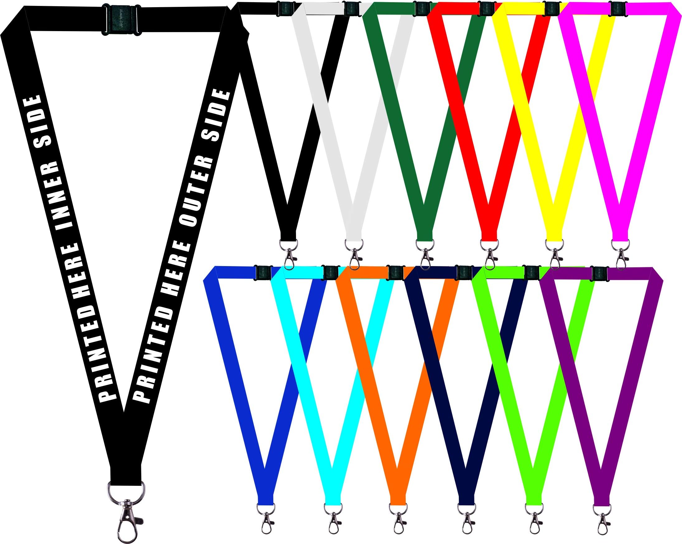1 x Personalised Printed Lanyard. Lanyard for holding a name badge, ID card or keys. Red, Blue, Black, Yellow, White (Black) (Hands Off ® Lanyard)