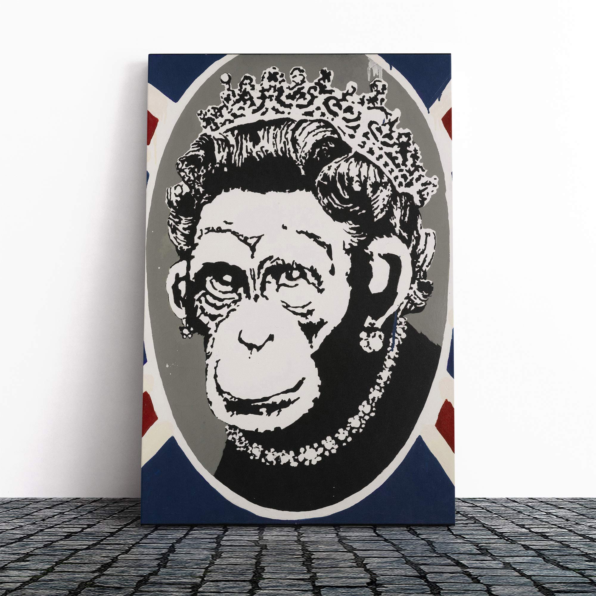 Banksy Monkey Queen Wall Graffiti Art Canvas Print | Gallery Wrapped 30mm Frame Wall Decor | 20x14 inches | Ready to Hang | Pop Art Animals Picture | Living Room Bedroom Lounge Office