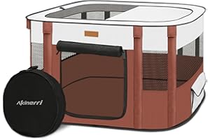 AKINERRI Dog Playpen - Foldable Cat Play Pens for Pubby, Kitten, Rabbit, Portable Pet Tent with Carring Bag for Indoor/Outdoor Travel Camping (Brown-Medium)