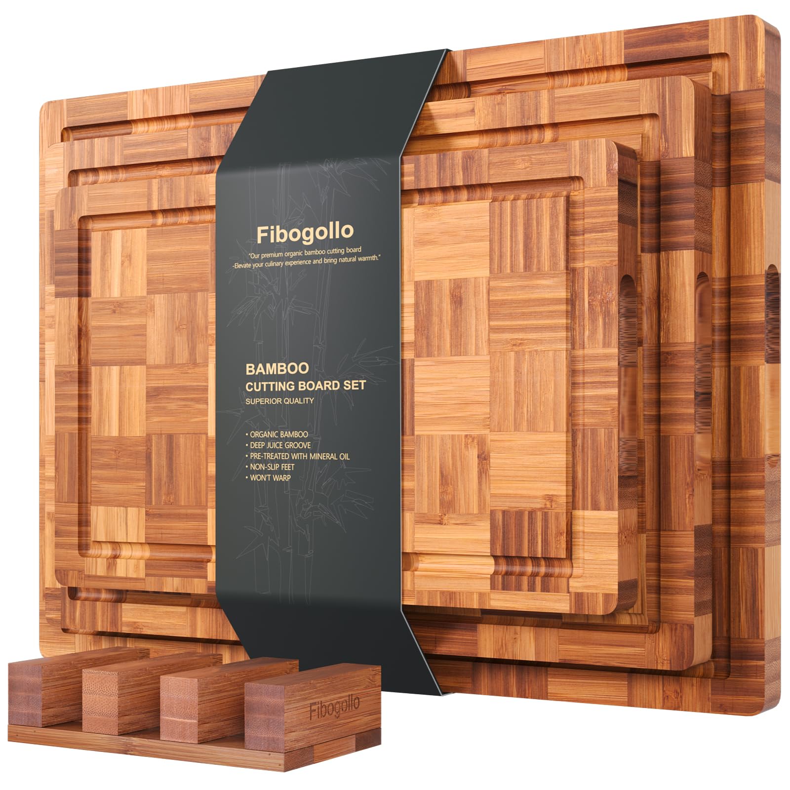 Photo 1 of Fibogollo Bamboo Cutting Boards for Kitchen(Set of 3),Chopping Boards with Juice Groove,End Grain Serving Board with Holder,Bamboo Butcher Block for Meat,Vegetables,Fruit