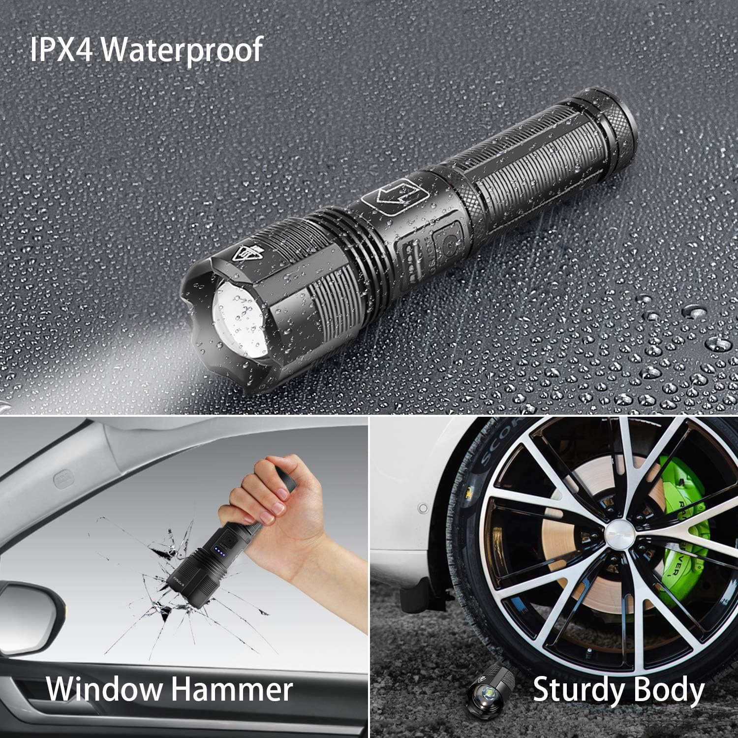 XHP70 LED Rechargeable Flashlight, Tactical Flashlight with USB, Super Bright 10000 Lumen, IPX4 Water Resistant, 5 Lighting Modes Zoomable Torch Light for Camping Hiking Cycling, Included 18650 Battery - - 