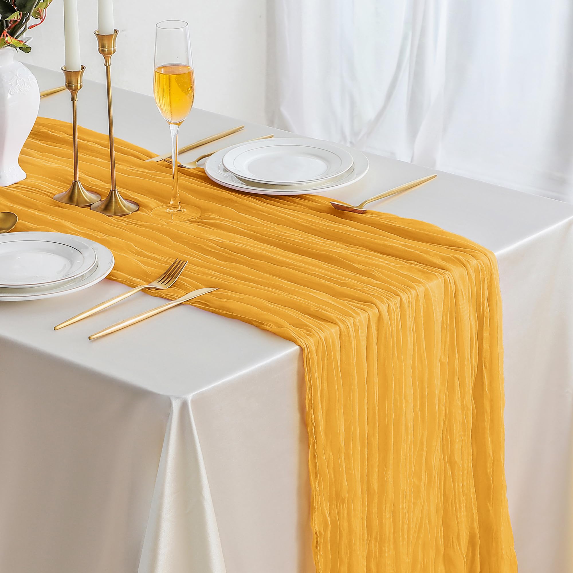 Photo 1 of ***MUSTARD YELLOW*** ButterMelt 2 Pack Yellow 10ft Cheesecloth Table Runner, Boho 35x120 Inch Long, Gauze Table Runner Decor for Baby Shower Bridal Shower or Wedding Party