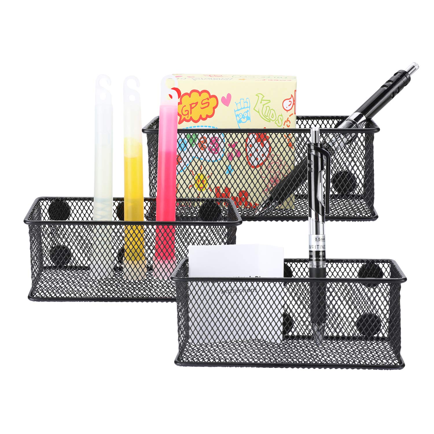 Toosell Mesh Magnetic Storage Basket with Anti-Slip and Strong Magnets, Locker Organizer and Pencil Holder for Whiteboard, Refrigerator, Marker and Pen Locker Accessories, Set of 3 (Black)