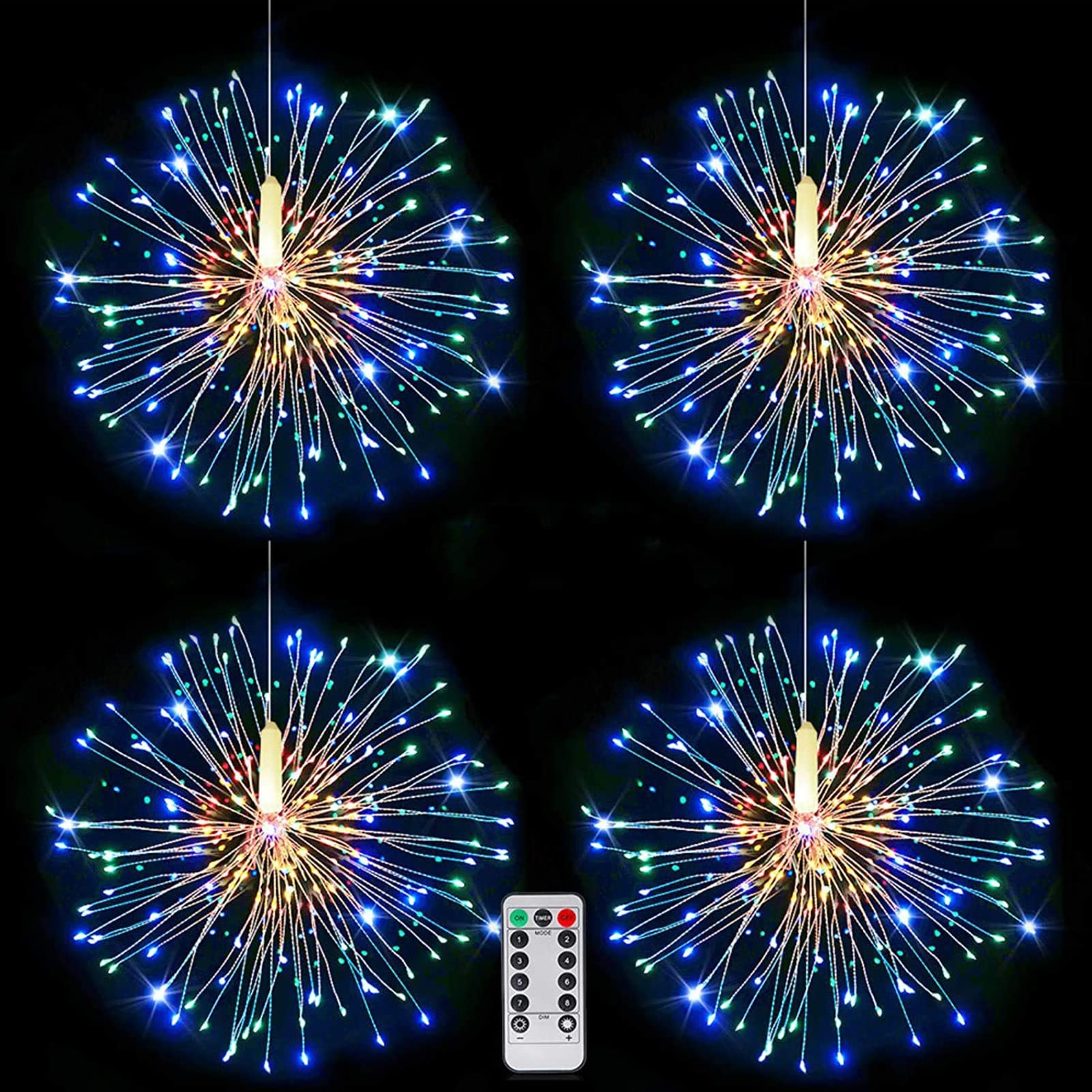 CCILAND 4 Pack Fireworks Lights Multicolour LED - Christmas Starburst Sparkle Fairy String Light USB Powered with Remote, 8 Mode, Timer, Dimmable Copper Wire for Garden Wedding Party Indoor Outdoor