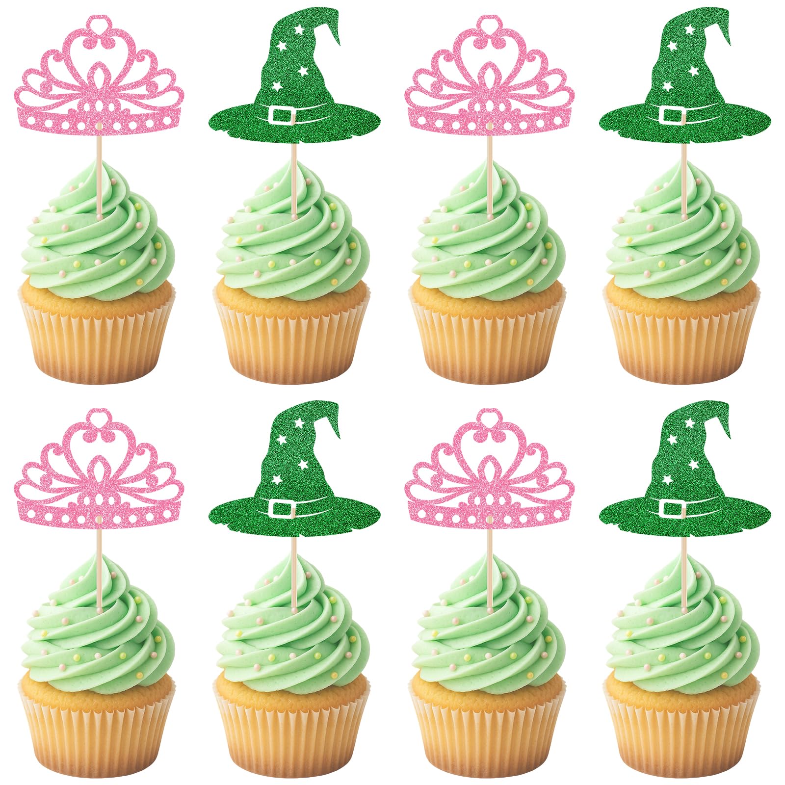 Photo 1 of iPartyGo Witch Birthday Party Decorations - 36 Pcs Pink and Green Cupcake Toppers Set Crown Hat Cake Cupcakes Dessert Decor Musical Movie Theme Supplies Favors for Kids Adult Women Girls