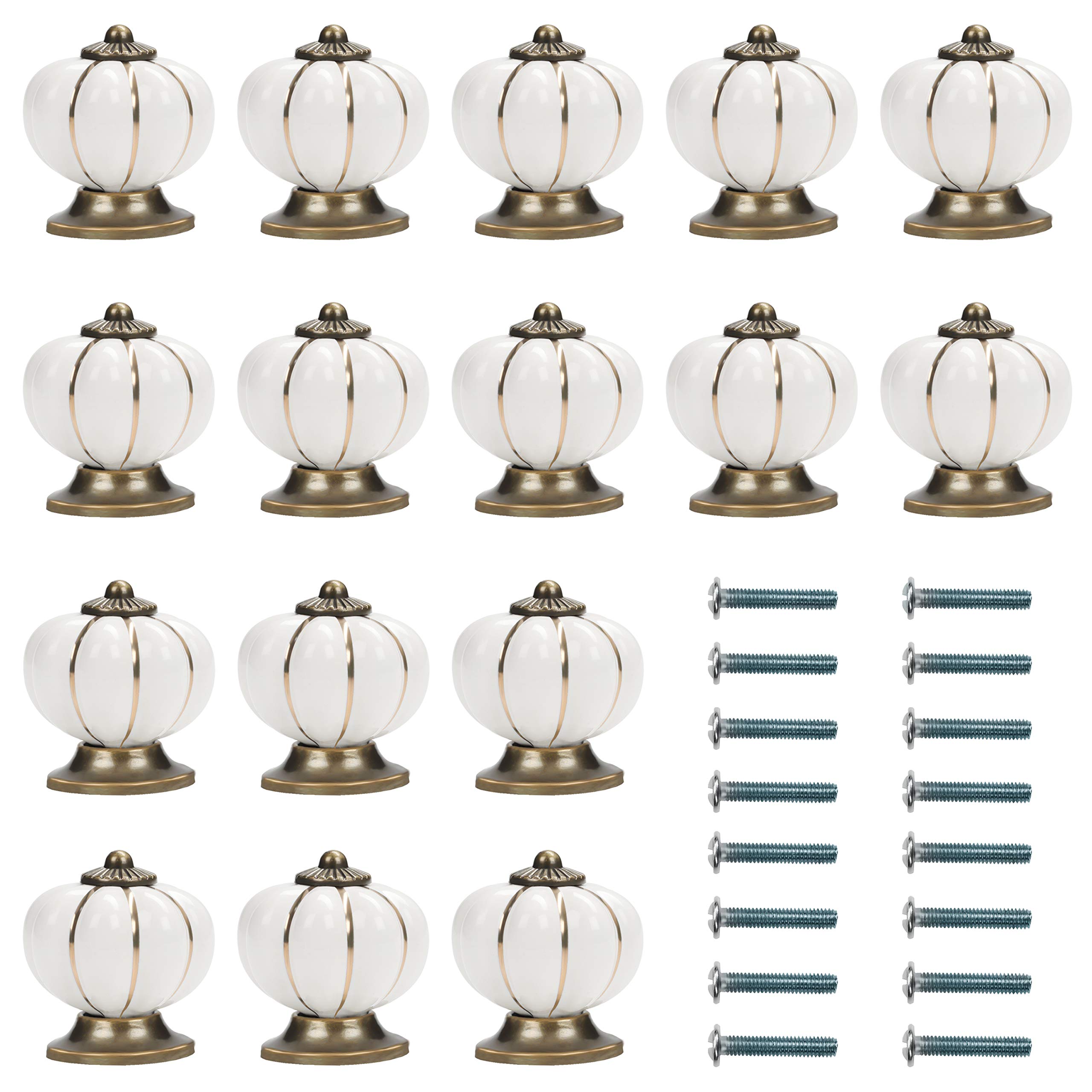 Kurtzy 16 Pack White and Gold Furniture Handles - 3.6 x 3.9cm/1.42 x 1.54 Inches Ceramic Cabinet Knobs for Kitchen & Office Cupboard Doors
